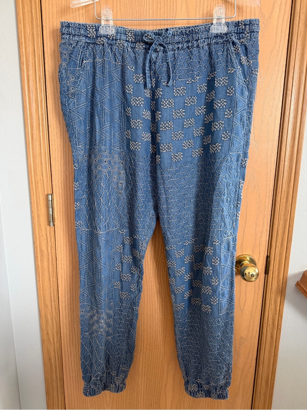 Johnny Was Biya Cher Embroidered Pant Joggers Chambray Blue Women’s Size L